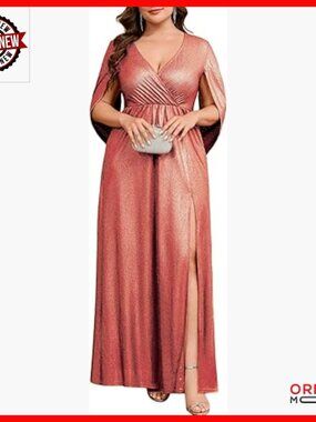 Plus Size Sparkly Formal Maxi Dress Cape Sleeve V Neck Side Split
